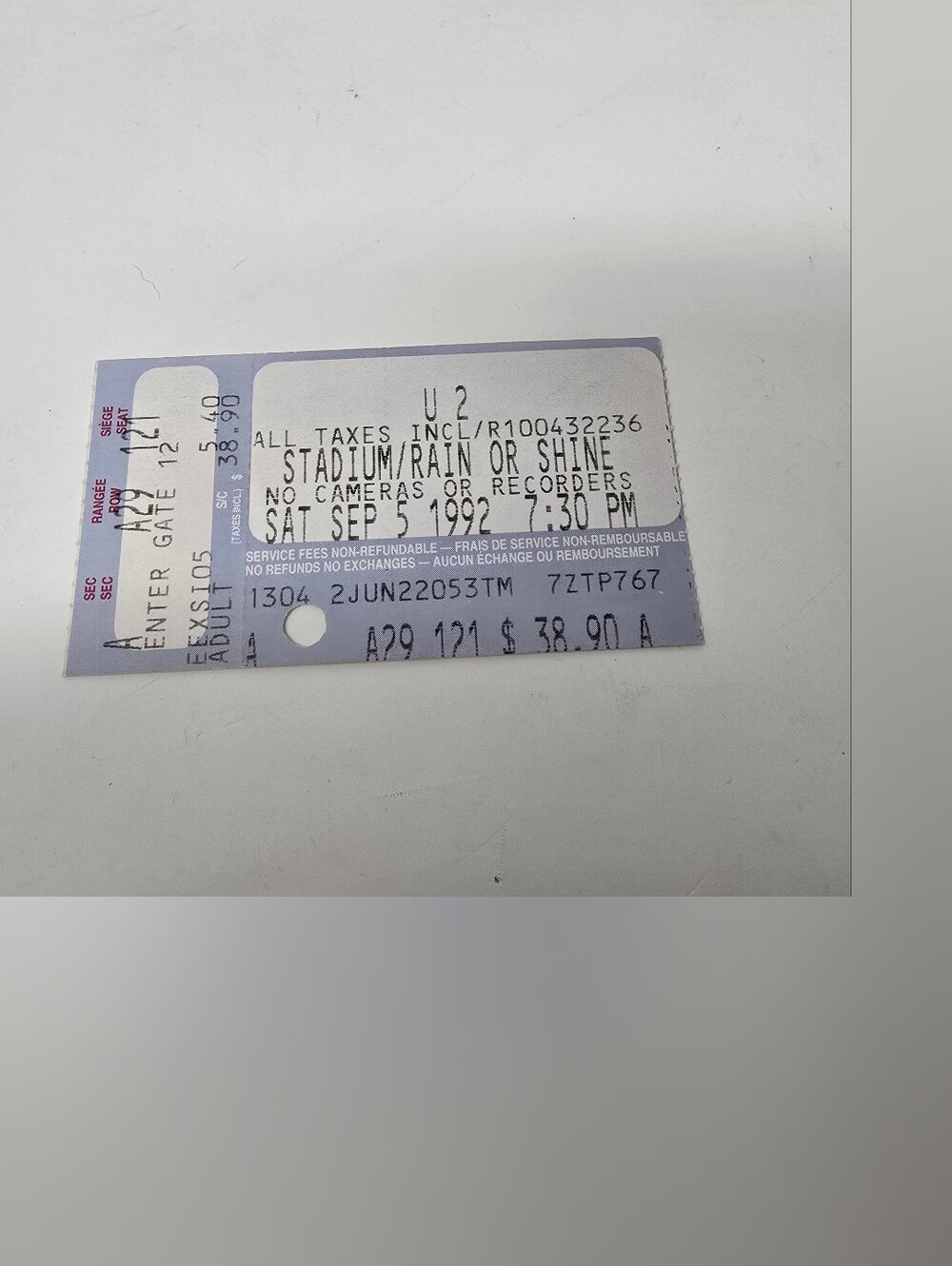 U2 Concert Stub Event Rock Band CNE Vintage 90s Toronto Ticket Sep 5 1992